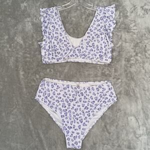 SHEIN Swimsuit Womens XL Purple Animal Print Ruffle High Waist Two Piece Swim